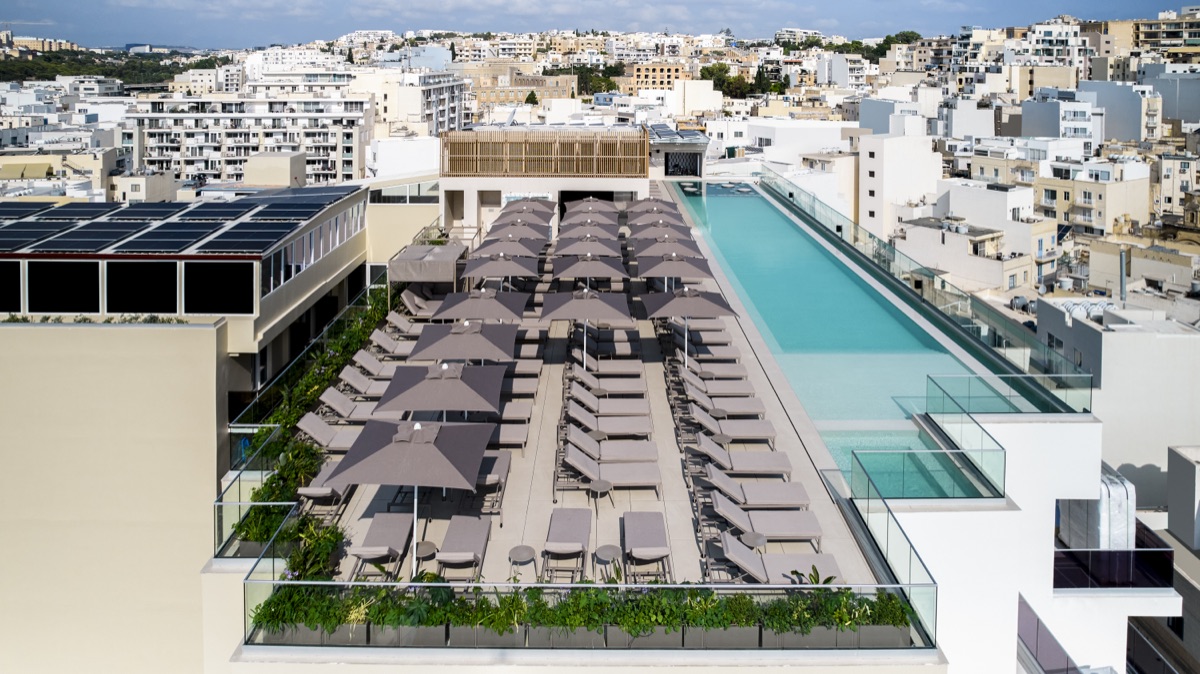 Aerial view of the full rooftop deck and pool